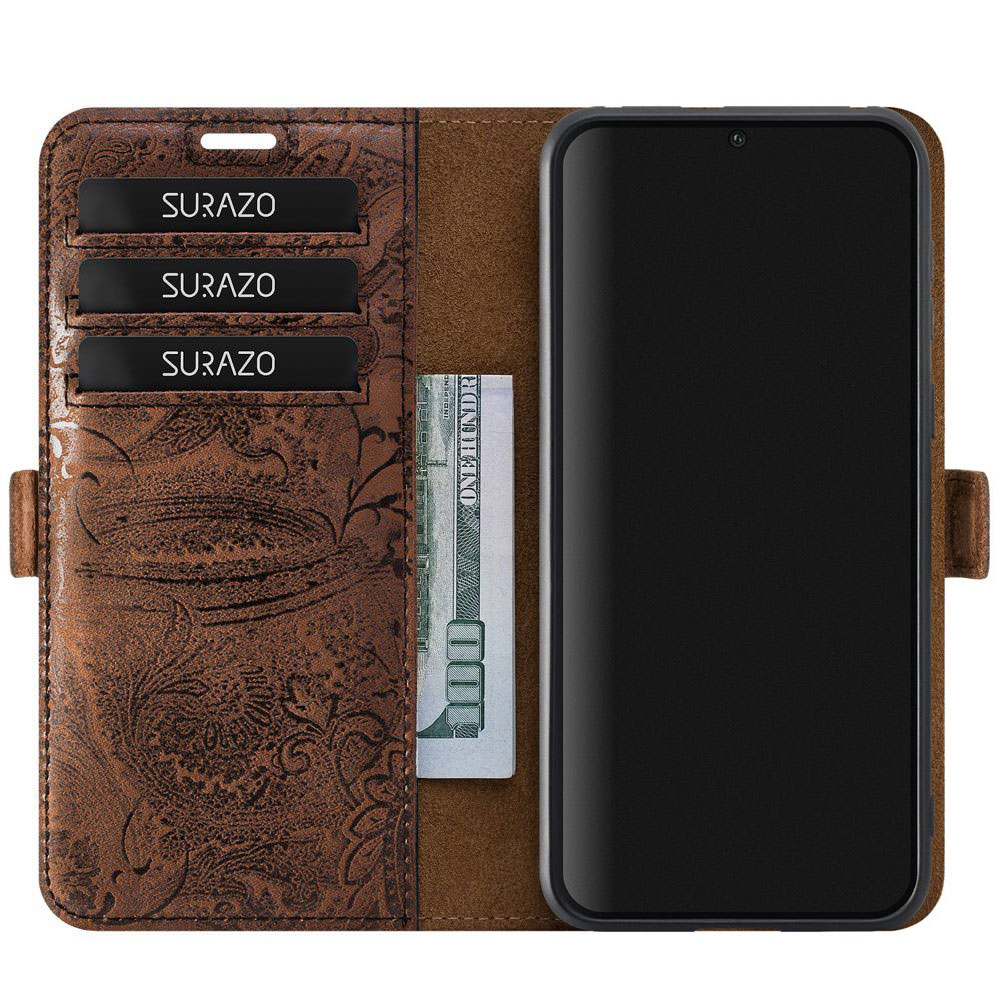 Genuine leather Kickstand Premium RFID - Ornament Brown - TPU Black