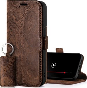 Genuine leather Kickstand Premium RFID - Ornament Brown - TPU Black